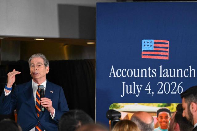 US Secretary of Treasury Scott Bessent speaks during a "Trump Accounts Tour" event in Westlake Village, California, on May 29, 2026. "Trump Accounts" are savings account for children that grow tax deferred. (Photo by Patrick T. Fallon / AFP)