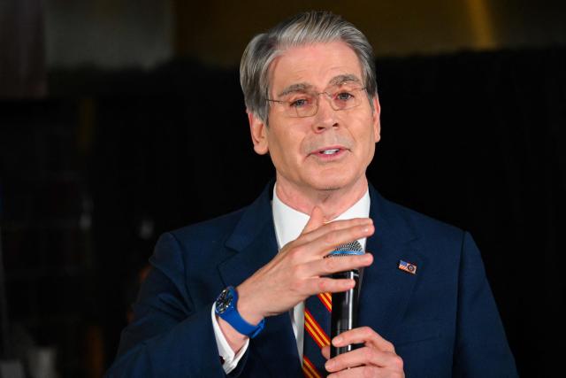 US Secretary of Treasury Scott Bessent speaks during a "Trump Accounts Tour" event in Westlake Village, California, on May 29, 2026. "Trump Accounts" are savings account for children that grow tax deferred. (Photo by Patrick T. Fallon / AFP)