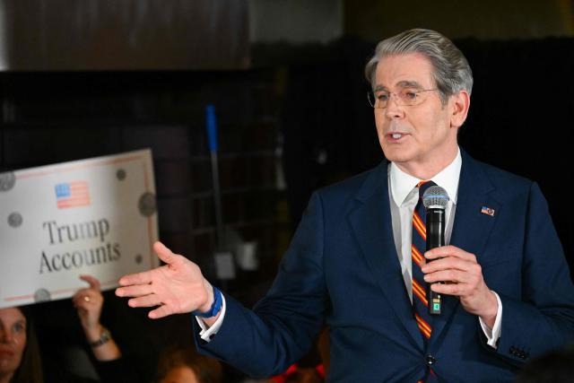 US Secretary of Treasury Scott Bessent speaks during a "Trump Accounts Tour" event in Westlake Village, California, on May 29, 2026. "Trump Accounts" are savings account for children that grow tax deferred. (Photo by Patrick T. Fallon / AFP)