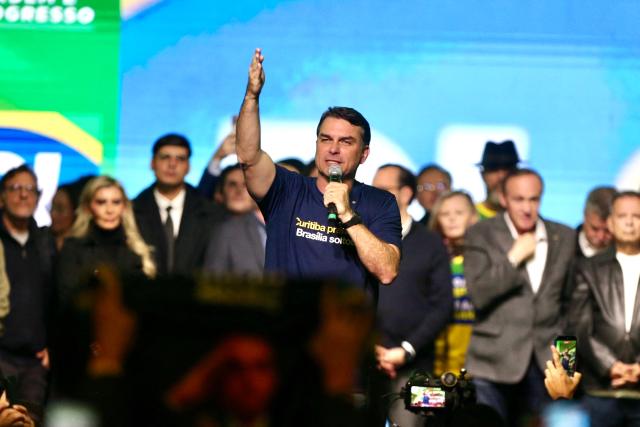 Brazilian senator and presidential hopeful Flavio Bolsonaro speaks during a rally to launch Sergio Moro's candidature for governor of Parana in Curitiba, Parana state, Brazil on May 29, 2026. (Photo by Albari Rosa / AFP)