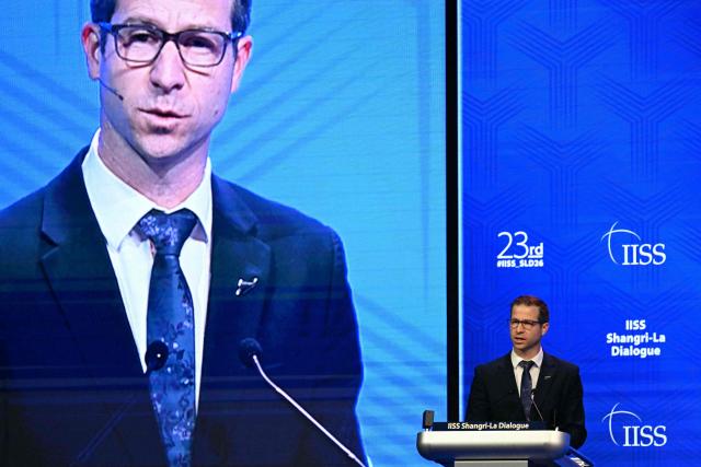 New Zealand's Defence Minister Chris Penk speaks during a plenary session of the 23rd Shangri-La Dialogue summit in Singapore on May 30, 2026. (Photo by JAM STA ROSA / AFP)