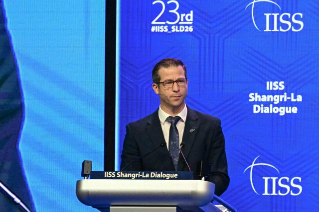 New Zealand's Defence Minister Chris Penk speaks during a plenary session of the 23rd Shangri-La Dialogue summit in Singapore on May 30, 2026. (Photo by JAM STA ROSA / AFP)