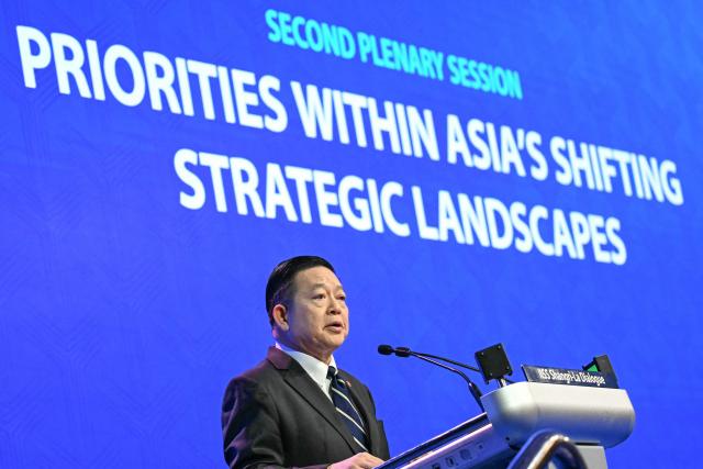 Association of Southeast Asian Nations (ASEAN) Secretary General Kao Kim Hourn speaks during a plenary session of the 23rd Shangri-La Dialogue summit in Singapore on May 30, 2026. (Photo by JAM STA ROSA / AFP)