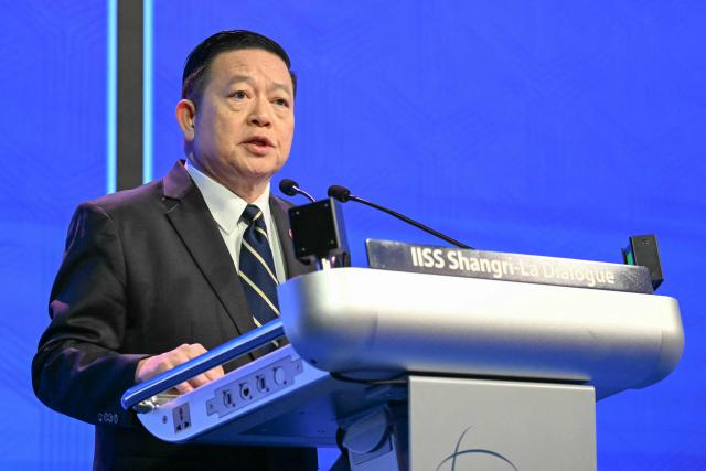 Association of Southeast Asian Nations (ASEAN) Secretary General Kao Kim Hourn speaks during a plenary session of the 23rd Shangri-La Dialogue summit in Singapore on May 30, 2026. (Photo by JAM STA ROSA / AFP)