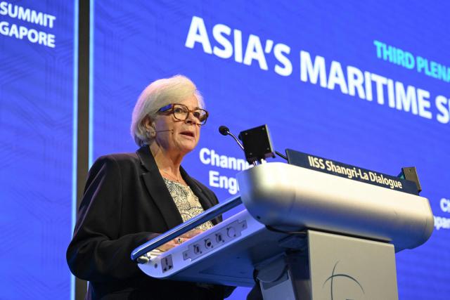 France's Minister for the Armed Forces and Veterans Catherine Vautrin speaks during a plenary session of the 23rd Shangri-La Dialogue summit in Singapore on May 30, 2026. (Photo by JAM STA ROSA / AFP)