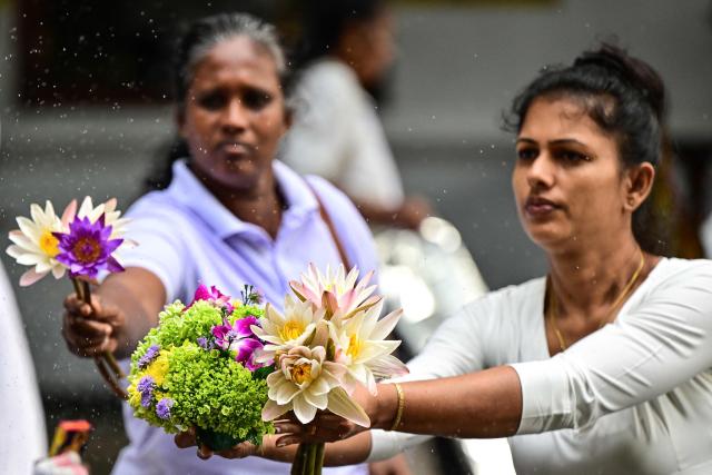 Devotees hold lotus flowers before offering prayers at the Kelaniya Buddhist Temple to mark the 'Vesak festival' that commemorates the birth, the enlightenment, and the death of Buddha in Kelaniya on May 30, 2026. (Photo by Ishara S. KODIKARA / AFP)