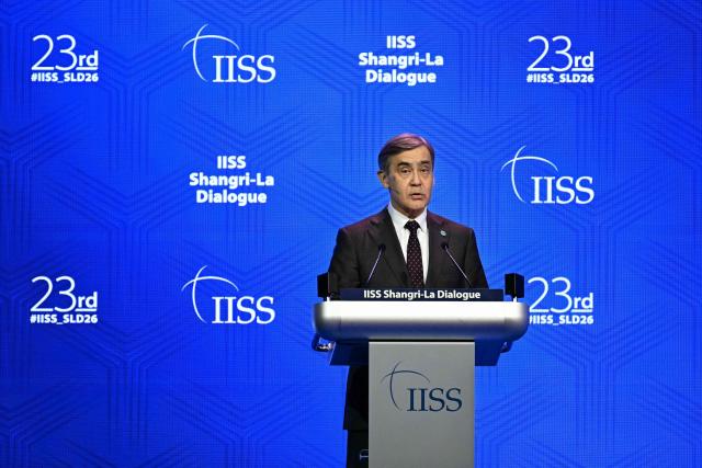 Secretary-General of the Shanghai Cooperation Organisation Nurlan Yermekbayev gives a speech at the 23rd Shangri-La Dialogue summit in Singapore on May 30, 2026. (Photo by JAM STA ROSA / AFP)
