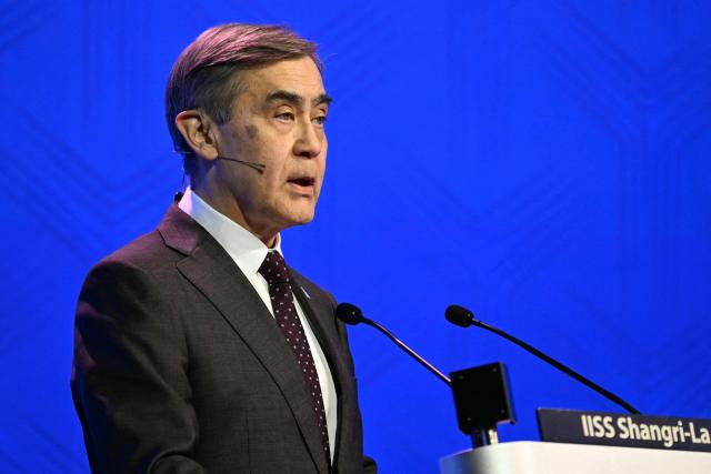 Secretary-General of the Shanghai Cooperation Organisation Nurlan Yermekbayev gives a speech at the 23rd Shangri-La Dialogue summit in Singapore on May 30, 2026. (Photo by JAM STA ROSA / AFP)