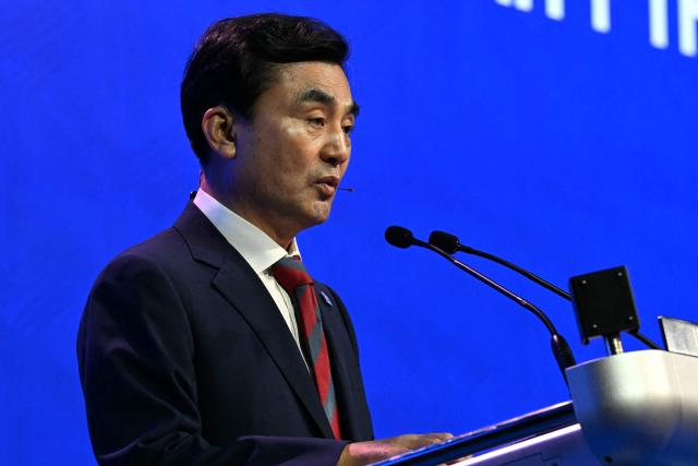 South Korea's Minister of National Defense Ahn Gyu-back gives a speech at the 23rd Shangri-La Dialogue summit in Singapore on May 30, 2026. (Photo by JAM STA ROSA / AFP)