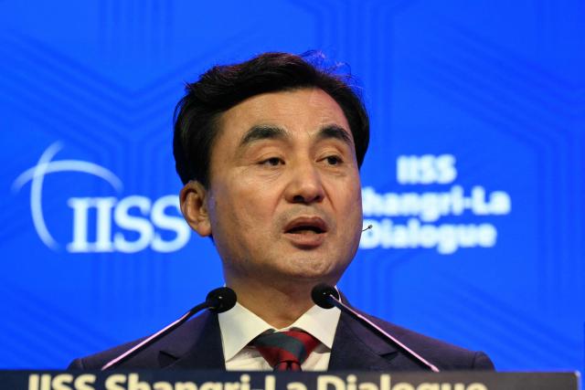 South Korea's Minister of National Defense Ahn Gyu-back gives a speech at the 23rd Shangri-La Dialogue summit in Singapore on May 30, 2026. (Photo by JAM STA ROSA / AFP)