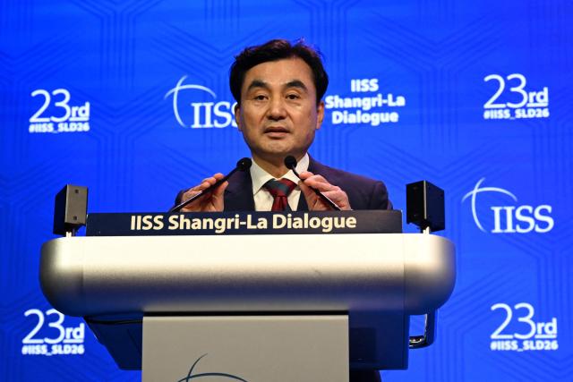 South Korea's Minister of National Defense Ahn Gyu-back gives a speech at the 23rd Shangri-La Dialogue summit in Singapore on May 30, 2026. (Photo by JAM STA ROSA / AFP)