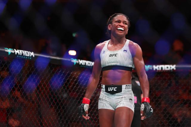 US strawweight fighter Angela Hill reacts after her fight against China’s Xiong Jingnan at UFC Fight Night at the Galaxy hotel resort in Macau on May 30, 2026. (Photo by Eduardo Leal / AFP)