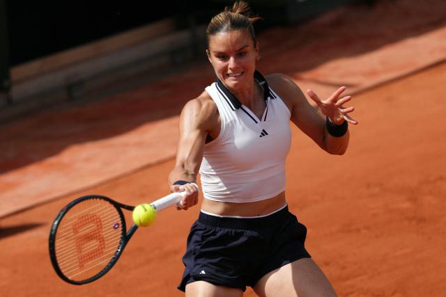 Greece's Maria Sakkari plays a forehand return to Poland's Maja Chwalinska during their women's singles match on day 7 of the French Open tennis tournament on Court Simonne-Mathieu at the Roland-Garros Complex in Paris on May 30, 2026. (Photo by Dimitar DILKOFF / AFP)