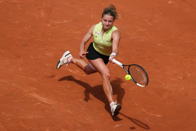 Poland's Maja Chwalinska plays a forehand return to Greece's Maria Sakkari during their women's singles match on day 7 of the French Open tennis tournament on Court Simonne-Mathieu at the Roland-Garros Complex in Paris on May 30, 2026. (Photo by Dimitar DILKOFF / AFP)
