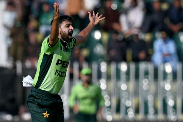 Pakistan's Haris Rauf unsuccessfully appeals for leg before wicket (LBW) against Australia's Matthew Short during the first one-day international (ODI) cricket match between Pakistan and Australia at the Rawalpindi Cricket Stadium in Rawalpindi on May 30, 2026. (Photo by Aamir QURESHI / AFP)