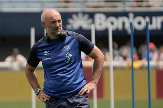 Castres' French head coach Xavier Sadourny looks on ahead of the French Top14 rugby union match between USA Perpignan and Castres Olympique at the Aime-Giral stadium in Perpignan, south-western France on May 30, 2026. (Photo by Idriss Bigou-Gilles / AFP)