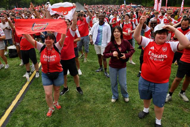 Arsenal fans gather at the City Park in Budapest on May 30, 2026, prior to the UEFA Champions League final football match between Paris Saint-Germain (PSG) and Arsenal FC. (Photo by Ferenc ISZA / AFP)