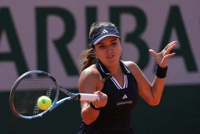 Colombia's Camila Osorio plays a backhand return to Anna Kalinskaya during their women's singles match on day 7 of the French Open tennis tournament at the Roland-Garros Complex in Paris on May 30, 2026. (Photo by Thomas SAMSON / AFP)