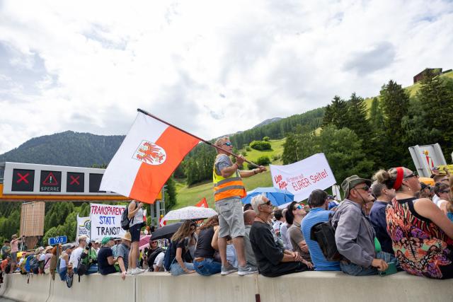 People demonstrate against transit traffic near the A13 Brenner Highway in the direction of Italy during the blockade of the Brenner Base Tunnel on May 30, 2026, on the Tyrolean Brenner Highway. A protest in Austria on May 30 against noise and pollution is set to close one of Europe's most important highways connecting Germany and Italy, potentially causing major traffic disruptions.
Communities in Austria's western Tyrol province have long complained about traffic, especially trucks passing over the Brenner Pass and through the province. (Photo by EXPA/ JOHANN GRODER / APA / AFP) / Austria OUT
