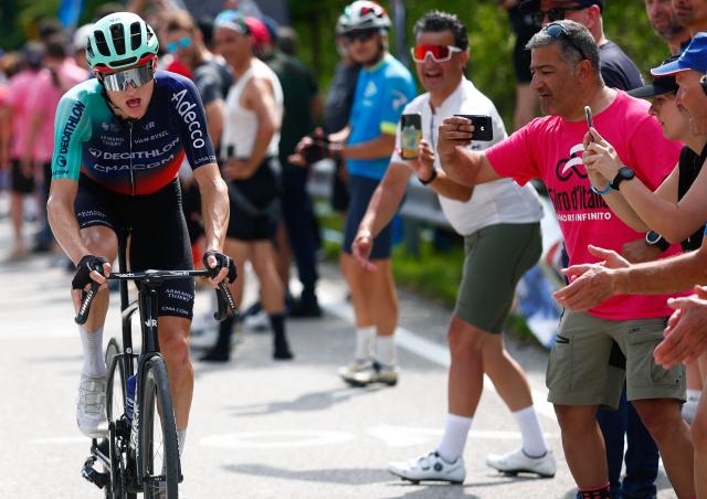 Decathlon CMA CGM Team Austrian rider Felix Gall climbs during the 20th stage of the Giro d'Italia 2026 - Tour of Italy cycling race between Gemona del Friuli and Piancavallo, Italy, on May 30, 2026. (Photo by Luca Bettini / AFP)