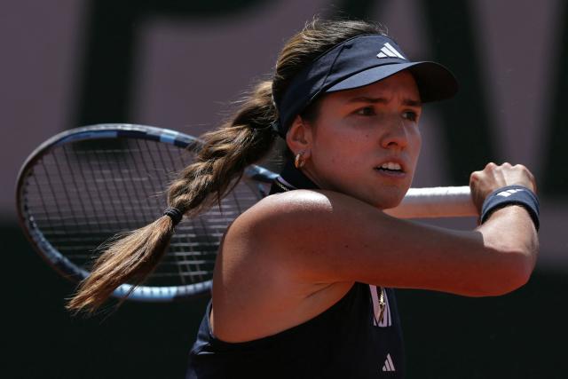 Colombia's Camila Osorio looks on after playing a forehand return to Anna Kalinskaya during their women's singles match on day 7 of the French Open tennis tournament at the Roland-Garros Complex in Paris on May 30, 2026. (Photo by Thomas SAMSON / AFP)