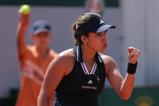 Colombia's Camila Osorio reacts to a point against Anna Kalinskaya during their women's singles match on day 7 of the French Open tennis tournament at the Roland-Garros Complex in Paris on May 30, 2026. (Photo by Thomas SAMSON / AFP)