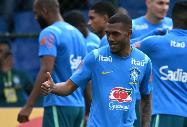 Brazil's forward Rayan gives his thumb up during a training session at the Granja Comary training center in Teresopolis, Rio de Janeiro, Brazil, on May 30, 2026. (Photo by Mauro PIMENTEL / AFP)