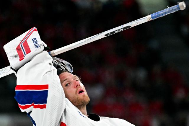 Norway's goalkeeper #40 Henrik Haukeland reacts during the IIHF Ice Hockey Men's World Championship semi-final match between Switzerland and Norway at the Swiss Life Arena in Zurich, on May 30, 2026. (Photo by Fabrice COFFRINI / AFP)