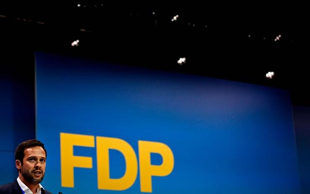 Martin Hagen, designated Secretary General of Germany‘s Free Democratic Party (FDP) gives a statement during a the FDP's 77th party congress in Berlin on May 30, 2026. (Photo by Tobias SCHWARZ / AFP)