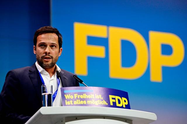 Martin Hagen, designated Secretary General of Germany‘s Free Democratic Party (FDP) gives a statement during a the FDP's 77th party congress in Berlin on May 30, 2026. (Photo by Tobias SCHWARZ / AFP)