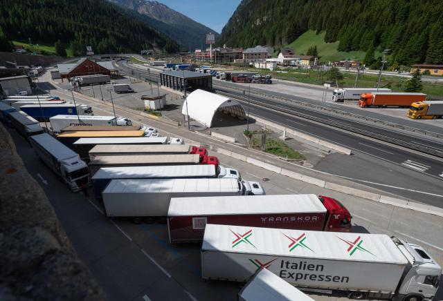 This general view shows trucks parking along the A13 Brenner Highway during a demonstration against transit traffic and the blockade of the Brenner Base Tunnel on May 30, 2026, on the Tyrolean Brenner Highway. A protest in Austria on May 30 against noise and pollution is set to close one of Europe's most important highways connecting Germany and Italy, potentially causing major traffic disruptions.
Communities in Austria's western Tyrol province have long complained about traffic, especially trucks passing over the Brenner Pass and through the province. (Photo by Joe Klamar / AFP)