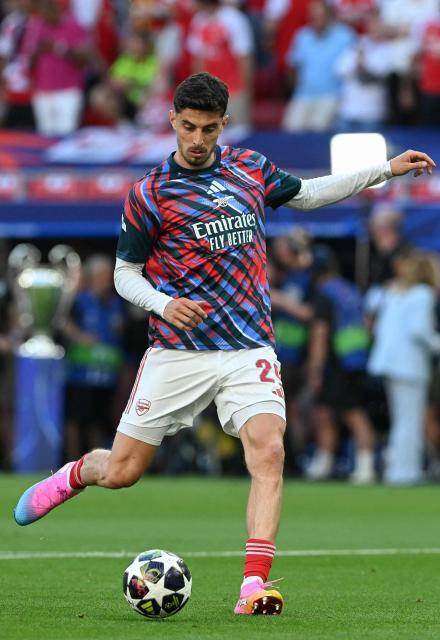 Arsenal's German forward #29 Kai Havertz warms up prior to the UEFA Champions League final football match between Paris Saint-Germain (PSG) and Arsenal FC at the Puskas Arena in Budapest on May 30, 2026. (Photo by NICOLAS TUCAT / AFP)