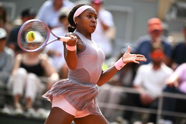 US Coco Gauff plays a forehand return to Austria's Anastasia Potapova during their women's singles match on day 7 of the French Open tennis tournament on Court Philippe-Chatrier at the Roland-Garros Complex in Paris on May 30, 2026. (Photo by JULIEN DE ROSA / AFP)