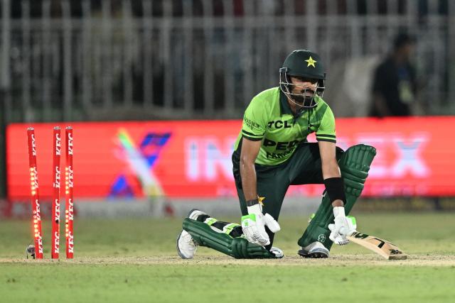 Pakistan's Babar Azam reacts after his dismissal by Australia's Nathan Ellis during the first one-day international (ODI) cricket match between Pakistan and Australia at the Rawalpindi Cricket Stadium in Rawalpindi on May 30, 2026.  (Photo by Aamir QURESHI / AFP)