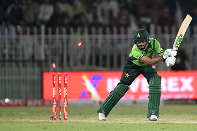 Pakistan's Babar Azam is clean bowled by Australia's Nathan Ellis during the first one-day international (ODI) cricket match between Pakistan and Australia at the Rawalpindi Cricket Stadium in Rawalpindi on May 30, 2026.  (Photo by Aamir QURESHI / AFP)