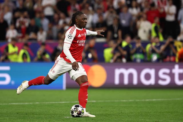 Arsenal's English midfielder #10 Eberechi Eze takes a penalty during the penalty shootout during the UEFA Champions League final football match between Paris Saint-Germain (PSG) and Arsenal FC at the Puskas Arena in Budapest on May 30, 2026. (Photo by FRANCK FIFE / AFP)