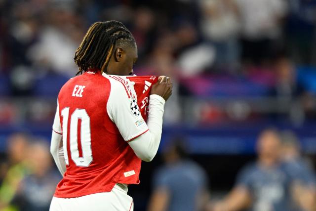 Arsenal's English midfielder #10 Eberechi Eze reacts after failing to score during a penalty shootout during the UEFA Champions League final football match between Paris Saint-Germain (PSG) and Arsenal FC at the Puskas Arena in Budapest on May 30, 2026. (Photo by INA FASSBENDER / AFP)