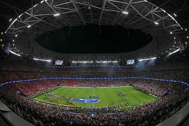 General view of the award ceremony of the UEFA Champions League final football match between Paris Saint-Germain (PSG) and Arsenal FC at the Puskas Arena in Budapest on May 30, 2026. (Photo by Attila KISBENEDEK / AFP)