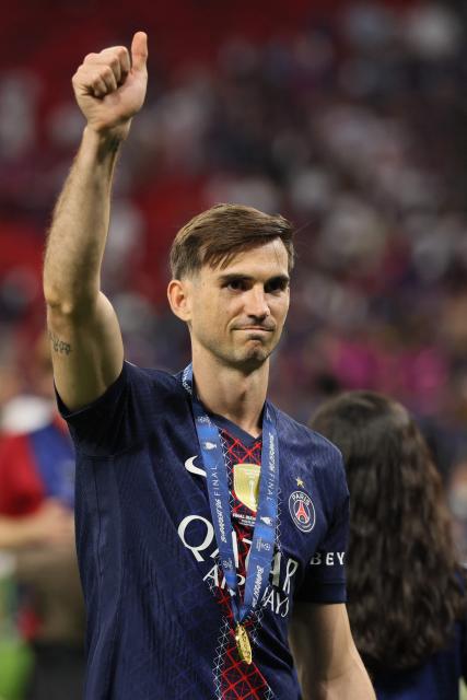Paris Saint-Germain's Spanish midfielder #08 Fabian Ruiz reacts after winning the UEFA Champions League final football match between Paris Saint-Germain (PSG) and Arsenal FC at the Puskas Arena in Budapest on May 30, 2026. (Photo by Odd ANDERSEN / AFP)