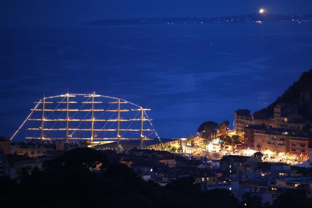 This photograph shows the "Royal Clipper" docked on the French riviera city of Nice, on May 30, 2026. (Photo by Valery HACHE / AFP)