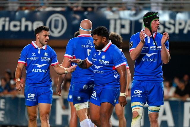 Montpellier’s French hooker Christopher Tolofua (C) reacts during the French Top14 rugby union match between Montpellier Herault Rugby and Section Paloise Bearn Pyrenees (Pau) at the GGL Stadium in Montpellier, southern France on May 30, 2026. (Photo by Sylvain THOMAS / AFP)