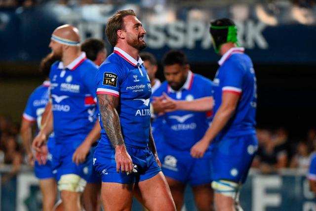 Montpellier’s Scottish full?back Stuart Hogg (C) reacts during the French Top14 rugby union match between Montpellier Herault Rugby and Section Paloise Bearn Pyrenees (Pau) at the GGL Stadium in Montpellier, southern France on May 30, 2026. (Photo by Sylvain THOMAS / AFP)