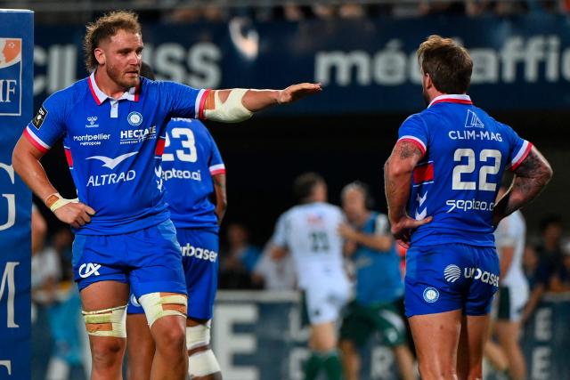 Montpellier’s French flanker Lenni Nouchi (L) reacts during the French Top14 rugby union match between Montpellier Herault Rugby and Section Paloise Bearn Pyrenees (Pau) at the GGL Stadium in Montpellier, southern France on May 30, 2026. (Photo by Sylvain THOMAS / AFP)