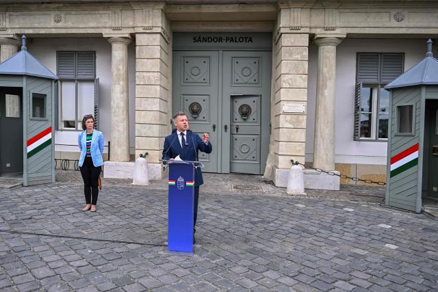 An overview shows Hungary’s Prime Minister Peter Magyar (R) as he gives a door-step presser after a meeting with Hungary's President at the presidential office in Sandor-palace, Budapest, Hungary, on June 1, 2026. The meeting takes place a day after a deadline set out by Magyar for the resignation of Sulyok has passed. The prime minister has urged top state officials, whom he called puppets of his predecessor, to step down by the end of May or face removal from office. (Photo by Attila KISBENEDEK / AFP)