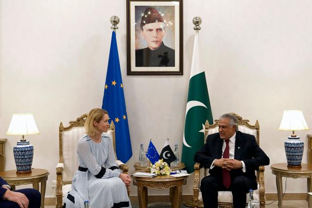 Pakistan's Foreign Minister Ishaq Dar (R) speaks with EU High Representative and Vice-President for Foreign Affairs and Security Policy Kaja Kallas during a meeting at the Foreign Ministry in Islamabad on June 1, 2026. (Photo by Ghulam RASOOL / AFP)