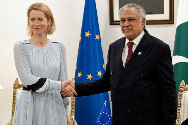 Pakistan's Foreign Minister Ishaq Dar (R) shakes hand with EU High Representative and Vice-President for Foreign Affairs and Security Policy Kaja Kallas prior to their meeting at the Foreign Ministry in Islamabad on June 1, 2026. (Photo by Ghulam RASOOL / AFP)