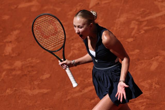 Austria's Anastasia Potapova reacts to a point against Anna Kalinskaya during their women's singles match on day 9 of the French Open tennis tournament on Court Suzanne-Lenglen at the Roland-Garros Complex in Paris on June 1, 2026. (Photo by Anne-Christine POUJOULAT / AFP)