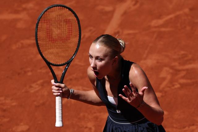 Austria's Anastasia Potapova reacts to a point against Anna Kalinskaya during their women's singles match on day 9 of the French Open tennis tournament on Court Suzanne-Lenglen at the Roland-Garros Complex in Paris on June 1, 2026. (Photo by Anne-Christine POUJOULAT / AFP)