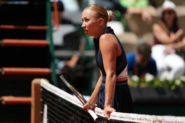 Austria's Anastasia Potapova reacts after being defeated by Anna Kalinskaya in their women's singles match on day 9 of the French Open tennis tournament on Court Suzanne-Lenglen at the Roland-Garros Complex in Paris on June 1, 2026. (Photo by Dimitar DILKOFF / AFP)