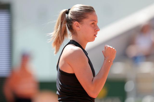 Poland's Maja Chwalinska reacts after a point as she plays against France's Diane Parry during their women's singles match on day 9 of the French Open tennis tournament on Court Philippe-Chatrier at the Roland-Garros Complex in Paris on June 1, 2026. (Photo by Thomas SAMSON / AFP)